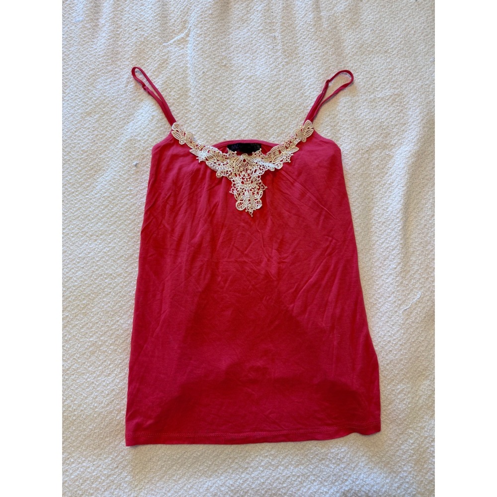 JW Style Pink Camisole Top with Cream Crochet Lace Neckline Medium